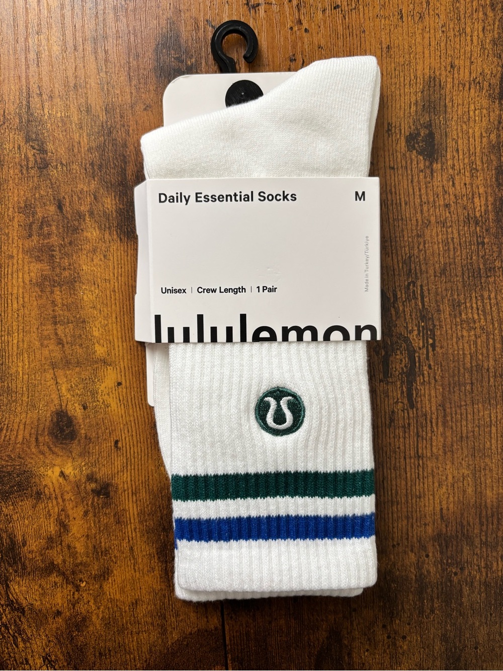 lululemon athletica Daily Essential Crew Socks - White with Green & Blue Stripes